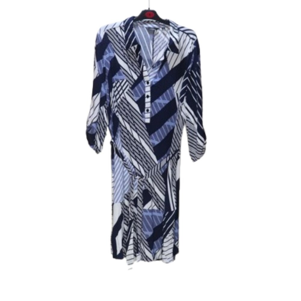 Mlle Gabrielle Blue and White Geometric Sleeve Wrap Tie Dress Size 3X